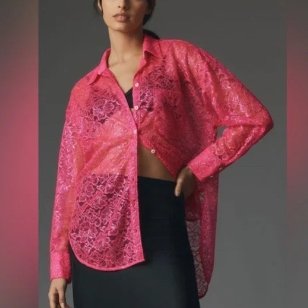 NWT Anthropologie Metallic Lace Button Down Shirt Oversized Shimmer